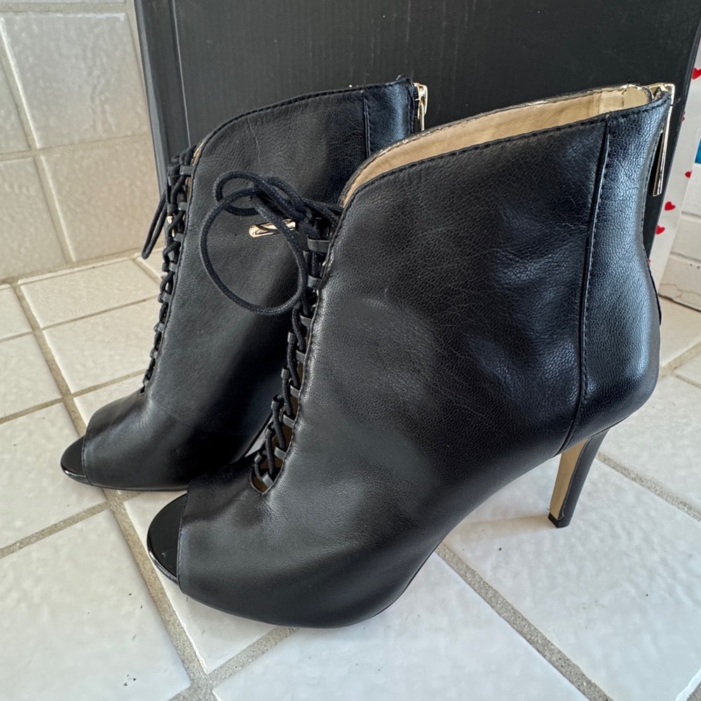 INC International Concepts Black Lace-Up Peep-Toe Stiletto Ankle Booties - Picture 2 of 7